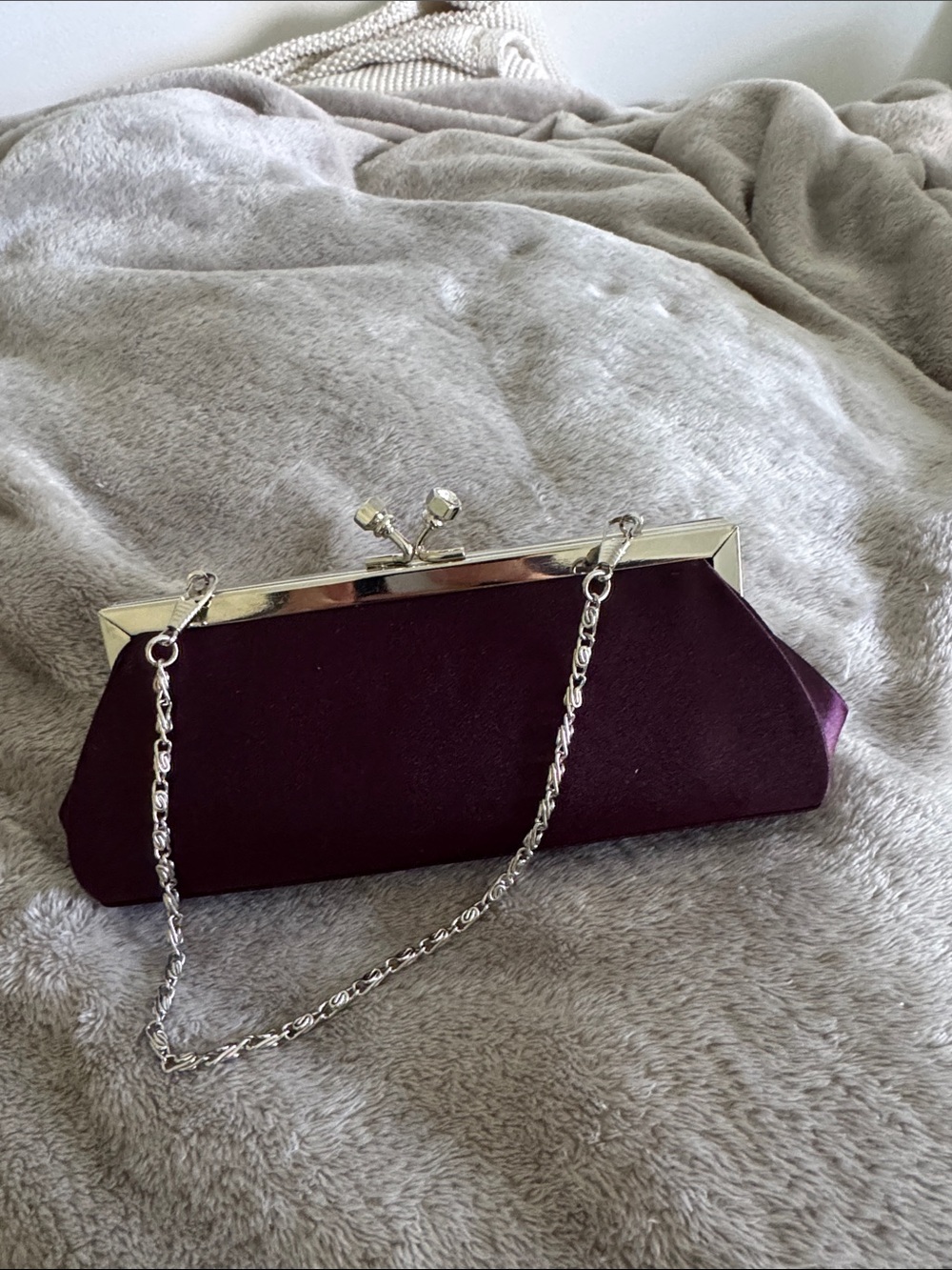 Plum Satin Evening Clutch with Silver Frame and Chain